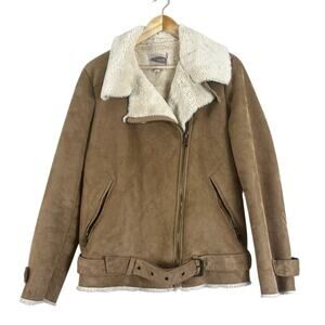 Forever 21 Faux Suede Aviator Jacket Womens M Brown Belted Moto Vegan Biker